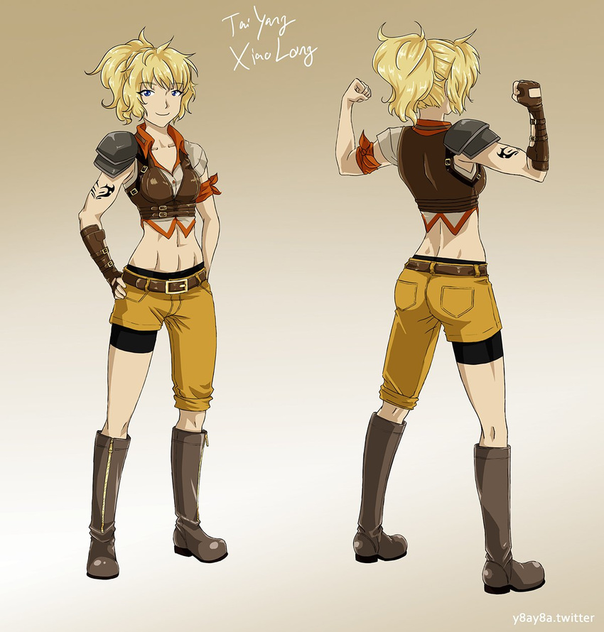 abs asymmetrical_legwear bandana boots commentary genderswap genderswap_(mtf) highres midriff multiple_views navel ponytail rwby shorts smile taiyang_xiao_long tattoo title yaya_(y8ay8a)