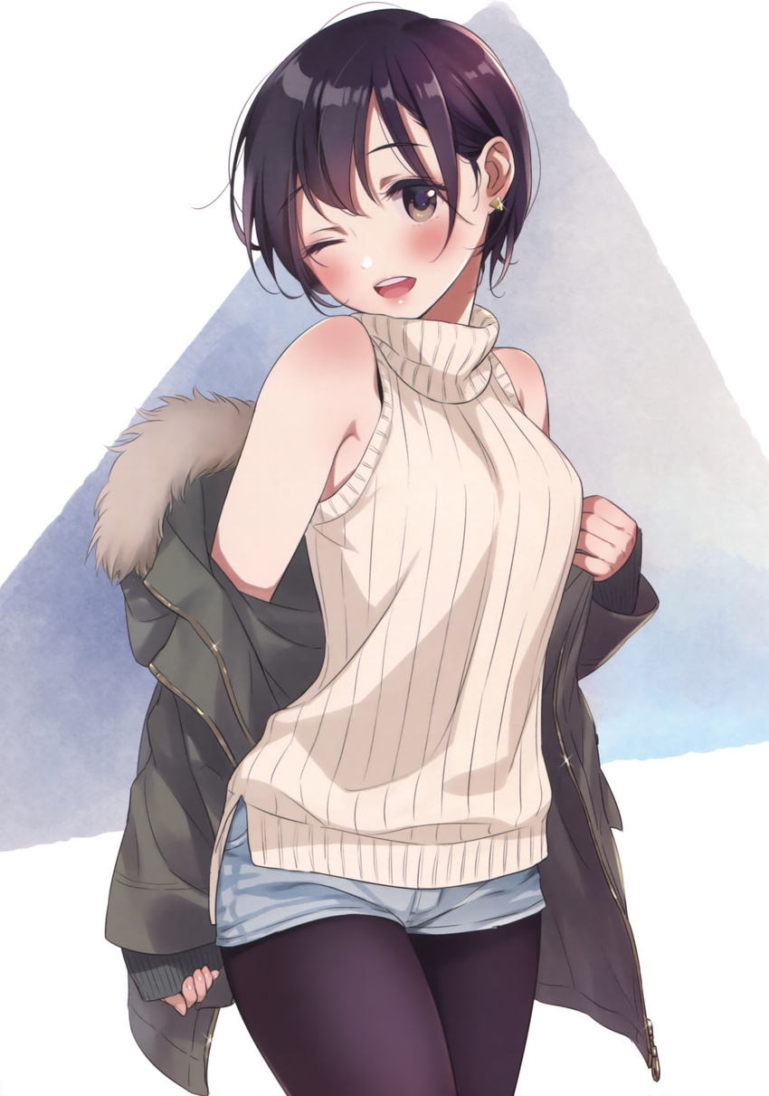 ;d absurdres arm_at_side bangs bare_shoulders black_hair blue_shorts blush body_blush breasts brown_eyes cowboy_shot dated ear_clip eyelashes fingernails fur-trimmed_jacket fur_trim glint grey_jacket highres jacket lipstick long_sleeves looking_at_viewer makeup medium_breasts morikura_en off_shoulder one_eye_closed open_clothes open_jacket open_mouth pantyhose pantyhose_under_shorts ribbed_sweater scan short_hair shorts sleeveless sleeveless_turtleneck sleeves_past_wrists smile solo sweater turtleneck white_sweater