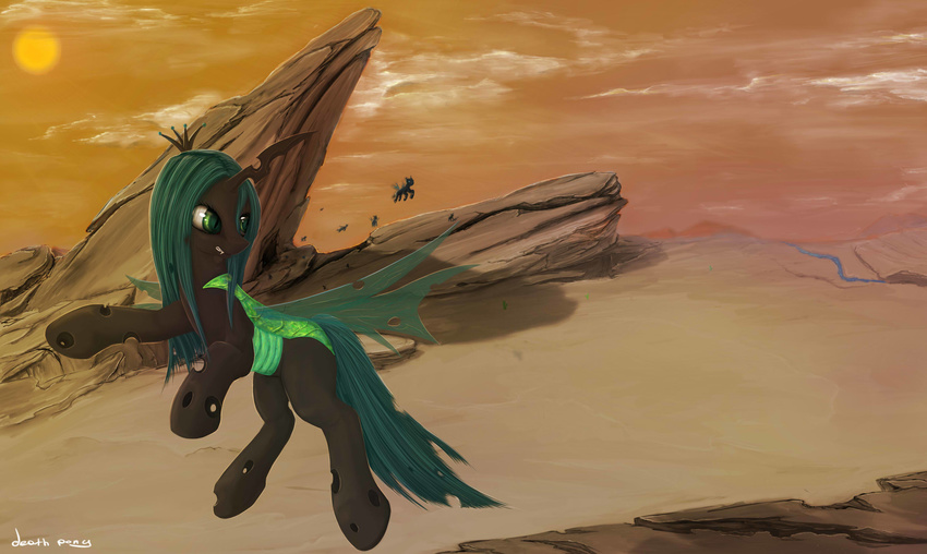 1deathpony1 changeling day detailed_background feral friendship_is_magic green_eyes hooves insect_wings my_little_pony outside queen_chrysalis_(mlp) smile sun wings