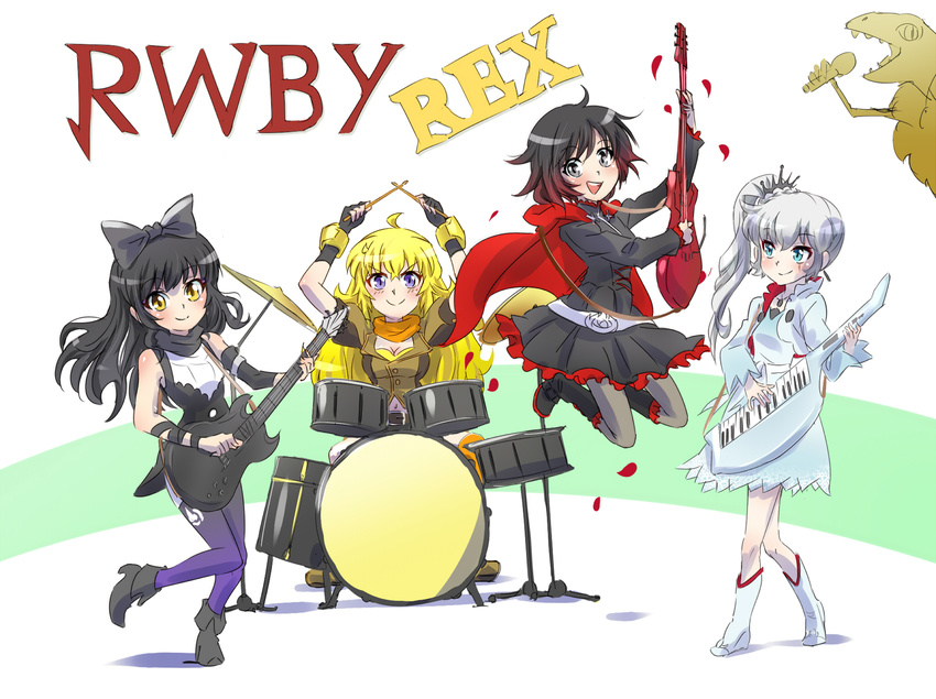 bass_guitar blake_belladonna drum drum_set drumsticks guitar highres iesupa instrument keytar multiple_girls pantyhose rock_band ruby_rose rwby tyrannosaurus_rex weiss_schnee yang_xiao_long