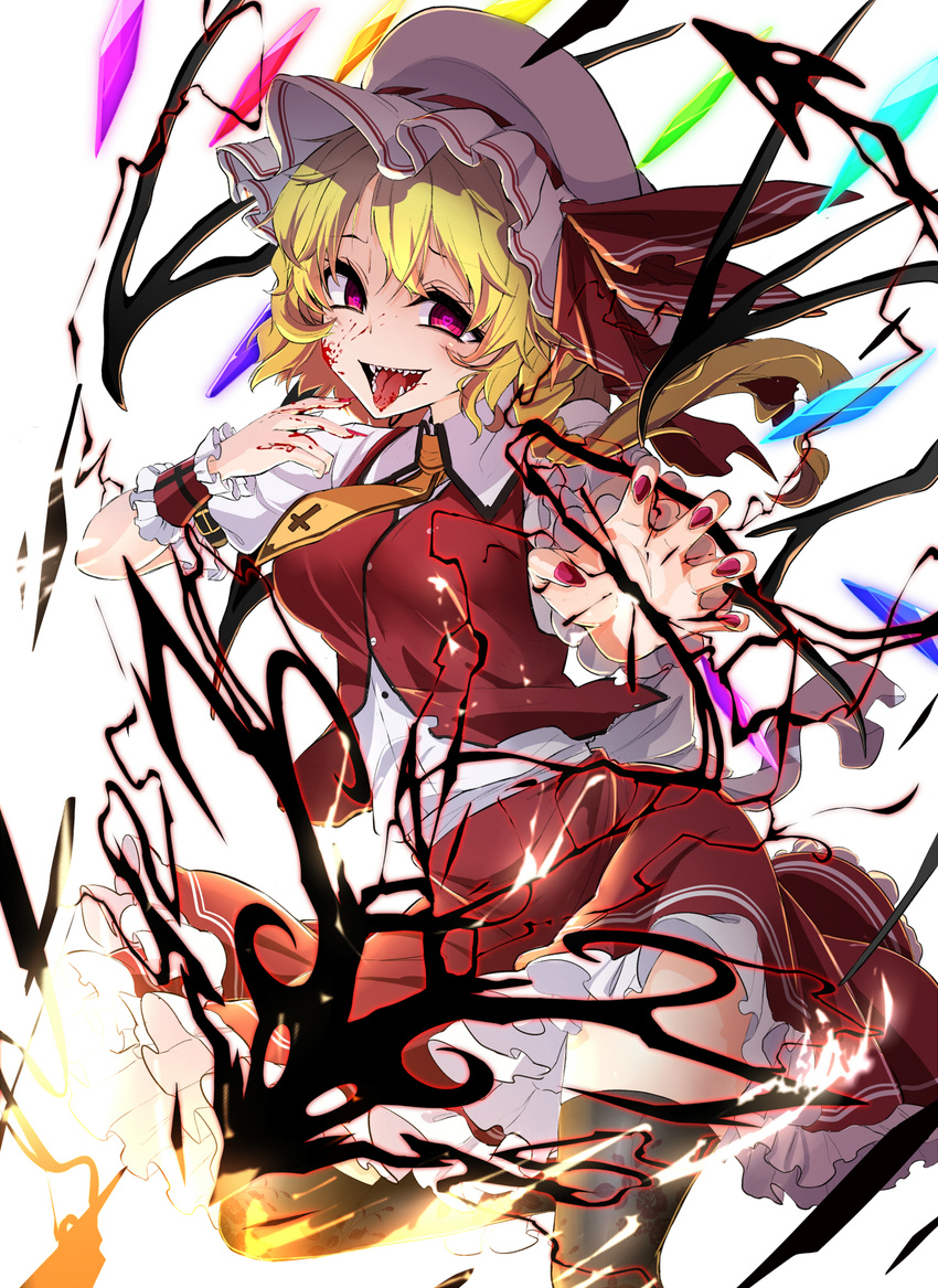 belt black_legwear blonde_hair breasts buttons crazy_eyes flandre_scarlet floral_print hat hat_ribbon heart heart-shaped_pupils highres medium_breasts mob_cap nail_polish necktie puffy_short_sleeves puffy_sleeves red_eyes red_ribbon red_skirt ribbon rihito_(usazukin) sharp_teeth shirt short_sleeves simple_background skirt skirt_set solo symbol-shaped_pupils teeth thighhighs tongue tongue_out touhou vest white_background white_shirt wings wrist_cuffs yellow_neckwear