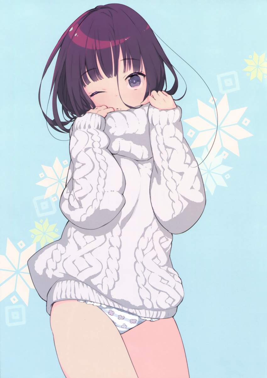 absurdres aran_sweater bangs blue_background blue_eyes closed_mouth eyebrows_visible_through_hair gin_(oyoyo) hands_up highres long_hair long_sleeves no_pants one_eye_closed original panties purple_hair sleeves_past_wrists solo striped striped_panties sweater underwear white_sweater