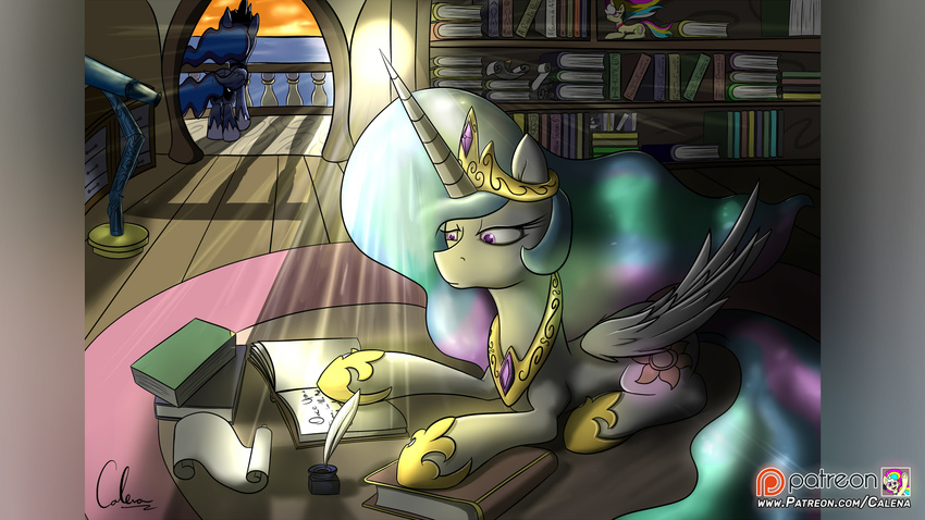 balcony book bookshelf calena carpet cloud crown cutie_mark detailed_background digital_media_(artwork) dresser duo equine fan_character feathered_wings feathers female feral friendship_is_magic fur glowing gold_(metal) hair hi_res hooves horizon horn ink inside jewelry light long_hair loose_feather lying magic mammal mane multicolored_hair my_little_pony necklace patreon princess_celestia_(mlp) princess_luna_(mlp) purple_eyes purple_fur quill reading scroll sea serious shadow signature sky standing sunset telescope wallpaper water white_fur winged_unicorn wings wooden_floor