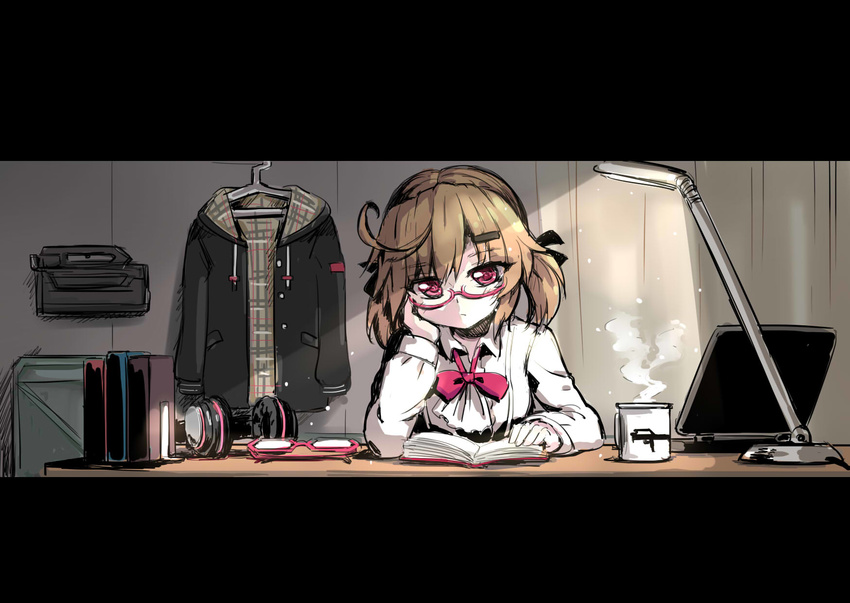 ahoge book bow bowtie brown_hair chin_rest clothes_hanger computer cup eyebrows_visible_through_hair fmg-9_(girls_frontline) girls_frontline glasses gun hair_bow hair_ornament hairclip headphones highres indoors jacket lamp laptop letterboxed long_sleeves magpul_fmg-9 north_abyssor reading red-framed_eyewear red_eyes shirt solo steam submachine_gun upper_body weapon white_shirt