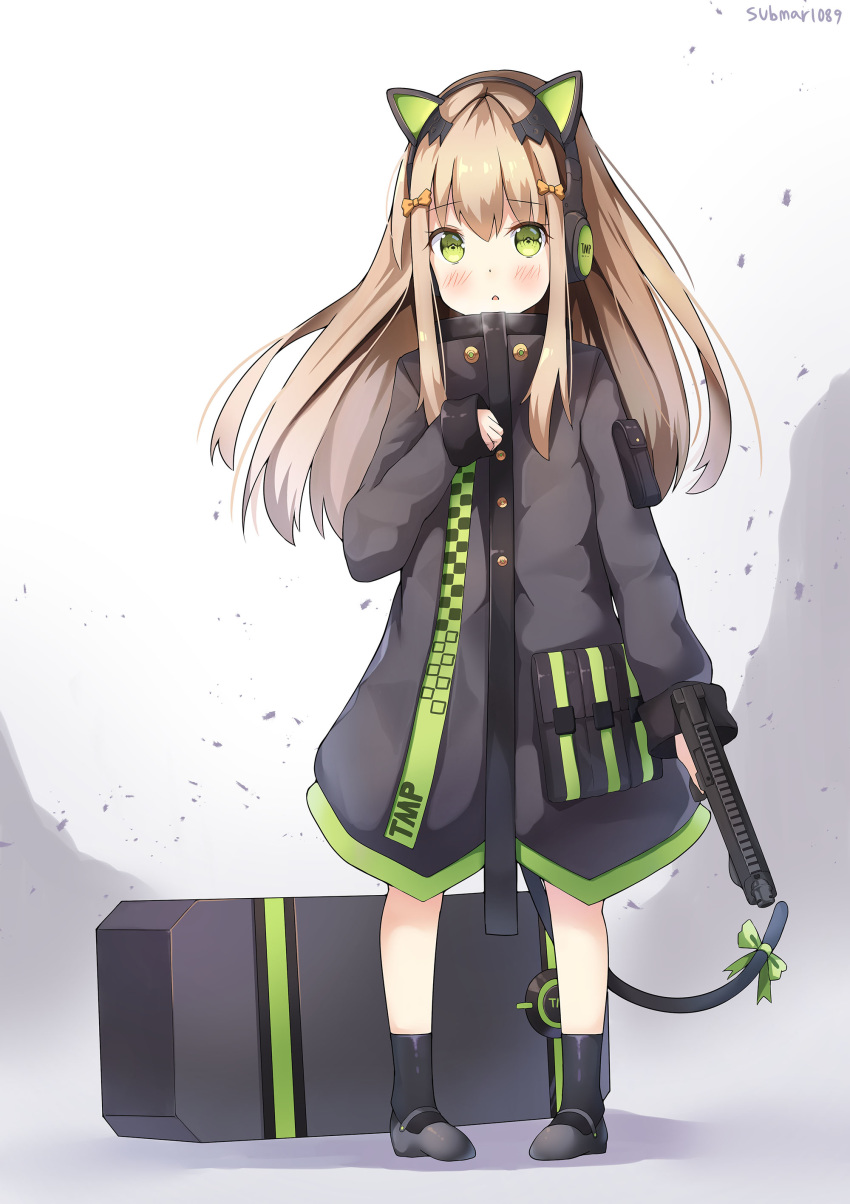 1girl absurdres animal_ears bangs black_footwear black_jacket black_legwear blush bow breath cat_ear_headphones cat_ears cat_tail character_name commentary_request eyebrows_visible_through_hair full_body girls_frontline green_bow green_eyes gun hair_between_eyes hair_bow headphones highres holding holding_gun holding_weapon jacket light_brown_hair long_hair long_sleeves object_namesake orange_bow parted_lips shoes signature sleeves_past_wrists sobmarine socks solo standing steyr_tmp submachine_gun tail tail_bow tmp_(girls_frontline) weapon white_background