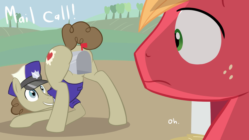 acstlu big_macintosh_(mlp) blue_eyes brown_fur brown_hair butt equine friendship_is_magic fur green_eyes hair horse mailbox male mammal my_little_pony post_haste_(mlp) red_fur