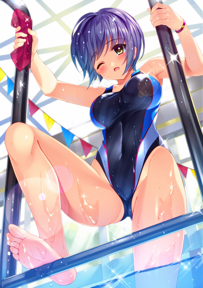 ;o aomi-chan_(bucchake) armpits bare_arms bare_legs bare_shoulders barefoot blue_hair blue_swimsuit blush bracelet breasts breath brown_eyes bucchake_(asami) ceiling collarbone competition_swimsuit covered_nipples eyebrows_visible_through_hair feet from_below groin highres holding indoors jewelry lens_flare looking_down medium_breasts moe2017 one-piece_swimsuit one_eye_closed open_mouth original pennant pool pool_ladder purple_hair short_hair skin_tight soles solo swim_cap swim_cap_removed swimsuit toes water water_drop wet