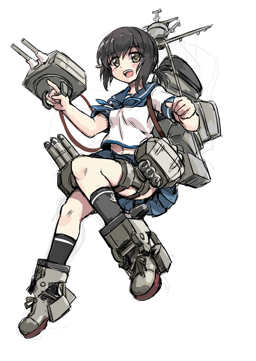 black_hair black_legwear brown_eyes cannon fubuki_(kantai_collection) highres kantai_collection looking_at_viewer low_ponytail machinery north_abyssor open_mouth ponytail school_uniform serafuku short_ponytail sidelocks simple_background smokestack socks solo turret white_background