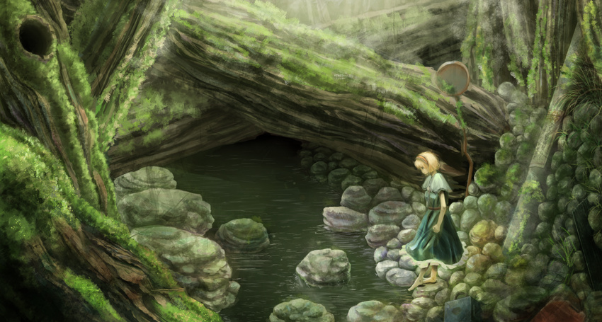 alice_margatroid barefoot blonde_hair blue_dress capelet commentary_request day dress fallen_tree gas_can hairband lolita_hairband looking_down moss nature outdoors profile road_sign rock scenery short_hair short_sleeves sign skirt_hold smile solo standing stepping_stones stream suitcase takeemon touhou wide_shot