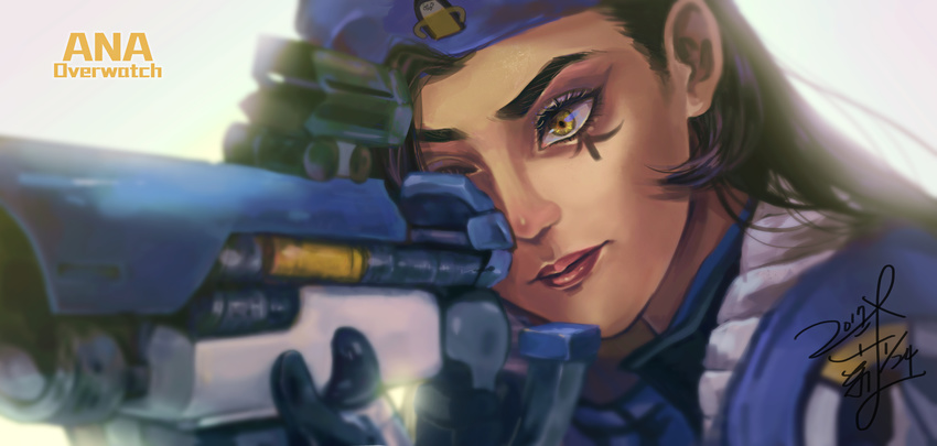absurdres alternate_costume ana_(overwatch) beret captain_amari dark_skin eyepatch facial_mark facial_tattoo gun hat highres long_hair milly_(milly521) overwatch rifle solo tattoo weapon younger