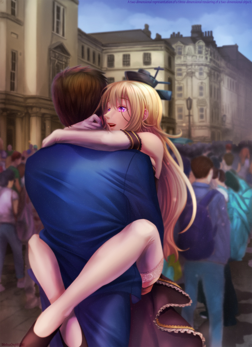 1boy 1girl abyss_horizon bath_(city) black_footwear blonde_hair blurry brown_hair carrying commentary depth_of_field elbow_gloves english_commentary gloves hair_ornament highres hug lace lace-trimmed_thighhighs leg_lock long_hair long_sleeves melisaongmiqin open_mouth purple_eyes skirt smile teeth thighhighs warspite_(abyss_horizon) white_gloves white_legwear