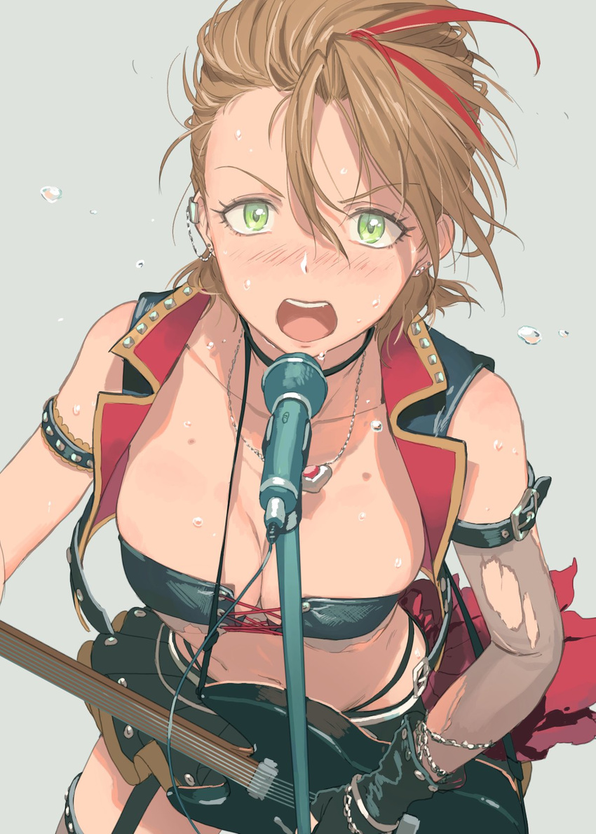 arm_belt arm_strap bandeau black_choker black_gloves black_skirt blush breasts brown_hair cable choker cleavage collarbone cowboy_shot cropped_jacket cross-laced_clothes daifukumochi_(qquuiieett) dripping ear_piercing earrings electric_guitar eyelashes fingerless_gloves gloves green_eyes guitar hair_between_eyes highres holding holding_instrument idolmaster idolmaster_cinderella_girls instrument jacket jewelry kimura_natsuki looking_at_viewer looking_back medium_breasts microphone microphone_stand miniskirt multicolored_hair music navel open_clothes open_jacket open_mouth piercing playing_instrument pleated_skirt red_hair rocking short_hair simple_background singing skirt sleeveless_jacket solo streaked_hair stud_earrings studded_armlet studded_jacket studded_skirt sweat teeth thigh_strap thighhighs torn_clothes two-tone_hair water_drop