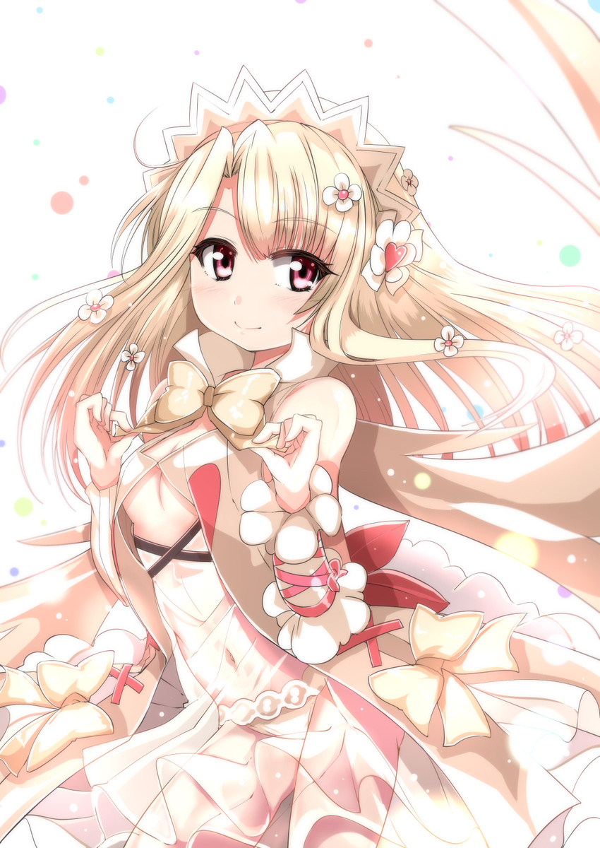 adjusting_bow bangs blonde_hair bow bowtie breasts choco_angel commentary_request cowboy_shot detached_sleeves dress eyebrows_visible_through_hair fate/grand_order fate/kaleid_liner_prisma_illya fate_(series) flower grimjin hair_flower hair_ornament headdress heart highres illyasviel_von_einzbern long_hair looking_at_viewer navel panties red_eyes see-through small_breasts smile solo underwear white_background white_panties