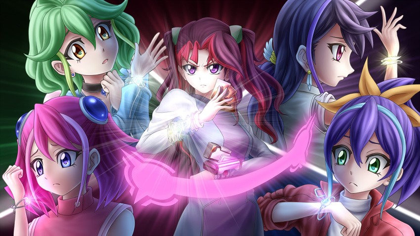 bracelet bracelet_girls card duel_disk gouyokunahimaji highres hiiragi_yuzu jewelry kurosaki_ruri multiple_girls multiple_persona ray_(yuu-gi-ou_arc-v) rin_(yuu-gi-ou_arc-v) serena_(yuu-gi-ou_arc-v) twintails yuu-gi-ou yuu-gi-ou_arc-v