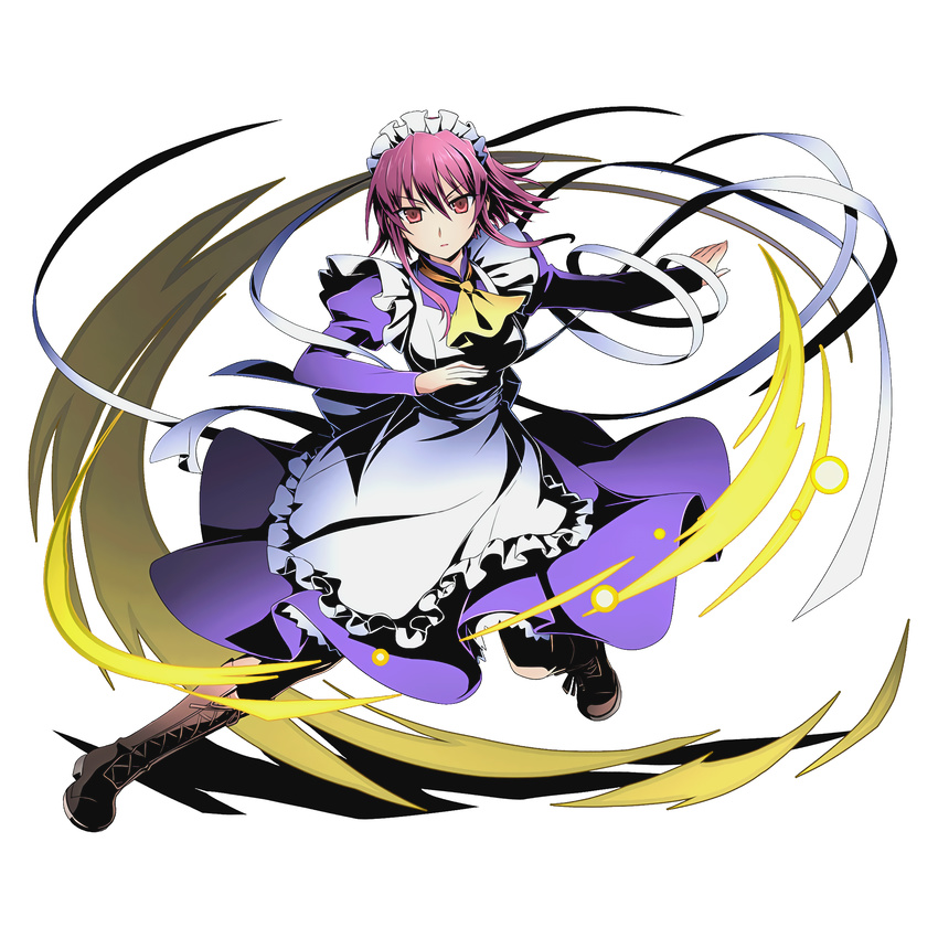 alpha_transparency apron divine_gate dress full_body hair_between_eyes highres leg_up long_hair looking_at_viewer maid maid_headdress official_art outstretched_arm purple_dress purple_hair red_eyes ribbon shadow shakugan_no_shana solo transparent_background ucmm white_ribbon wilhelmina_carmel