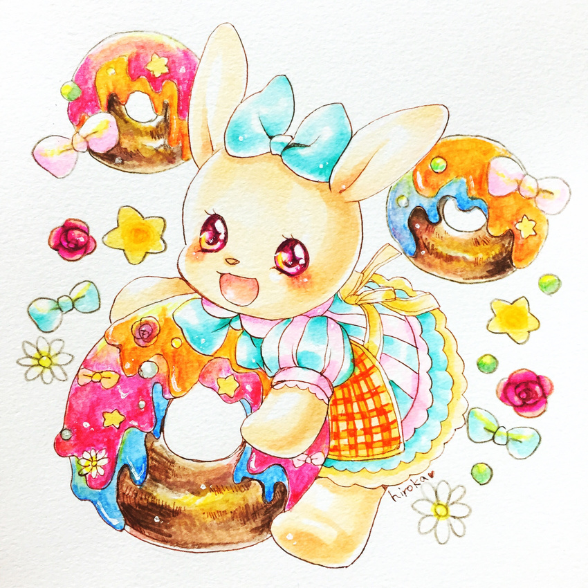 anthro apron beady_eyes bow brown_fur clothing cute doughnut dress female flower food fur happy hiroka lagomorph looking_at_viewer mammal pixiv plant rabbit smile solo star young