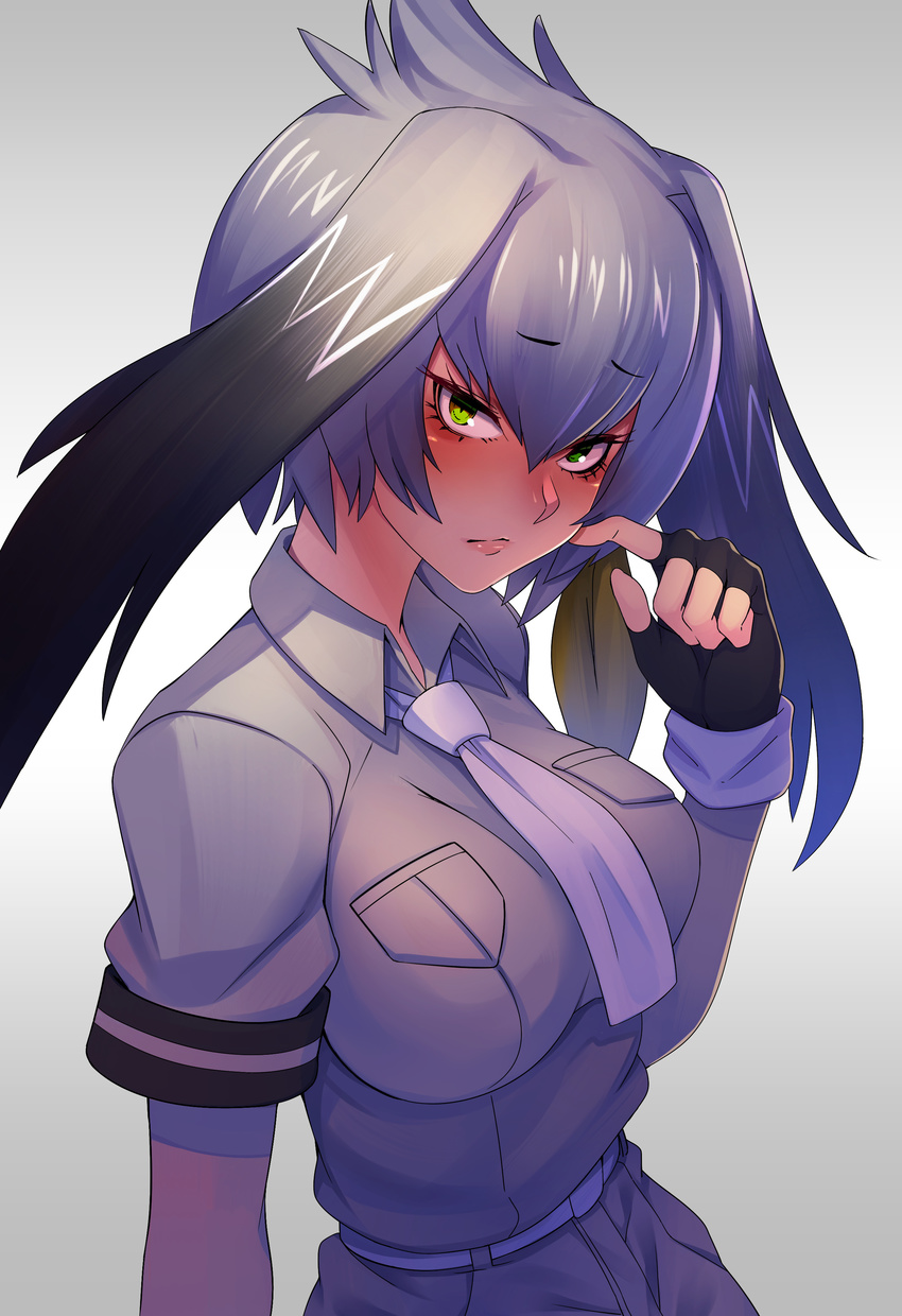 absurdres arm_at_side bangs belt black_gloves black_hair bodystocking breasts closed_mouth collared_shirt eyebrows_visible_through_hair eyelashes finger_to_cheek finger_to_head fingerless_gloves gloves green_eyes grey_shirt grey_shorts hair_between_eyes hand_up highres kemono_friends large_breasts lips long_hair looking_at_viewer low_ponytail multicolored_hair necktie orange_hair pocket shirt shoebill_(kemono_friends) short_sleeves shorts side_ponytail silver_hair solo tsurime upper_body white_belt white_neckwear yuuten