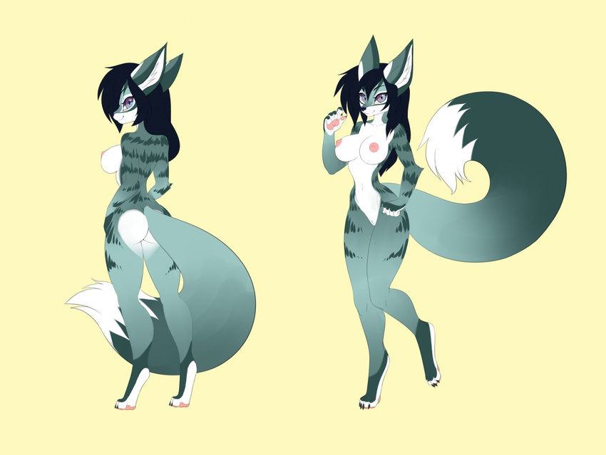 black_hair breasts butt canine d-cups fan_character female front_view fur green_fur hair hands_on_hips long_hair looking_at_viewer looking_back mammal multi-colored_eyes nipples nude pawpads pussy raised_tail sm0shy smile solo standing stripes trish_eledon_(character) white_fur wolf