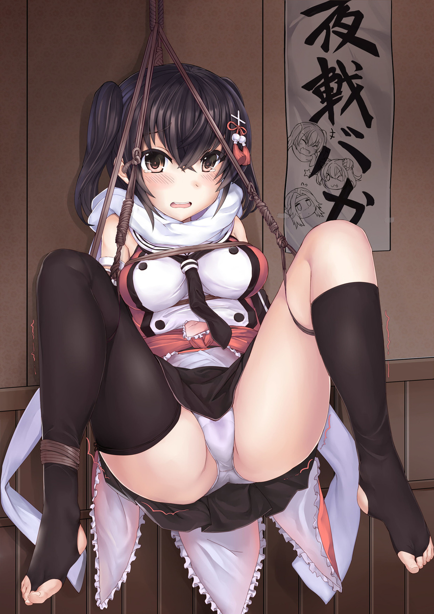 463_jun absurdres ass bangs bare_shoulders barefoot bdsm black_hair black_legwear black_skirt blush bondage bound breasts brown_eyes caricature double-breasted eyebrows_visible_through_hair feet frills hair_between_eyes hair_ornament hairpin hanging_scroll highres indoors jintsuu_(kantai_collection) kantai_collection kneehighs looking_at_viewer medium_breasts motion_lines naka_(kantai_collection) navel open_mouth panties pleated_skirt pussy_juice_stain raised_eyebrows remodel_(kantai_collection) rope scroll sendai_(kantai_collection) single_kneehigh single_thighhigh skirt solo spread_legs suspension tassel tears thighhighs toeless_legwear toes torn_clothes translation_request trembling two_side_up underwear upskirt wavy_mouth white_panties wooden_wall