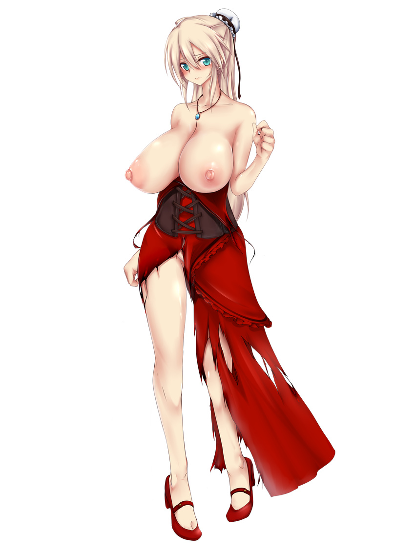 aqua_eyes blonde_hair breasts dress eiyuu_chronicle highres huge_breasts legs long_hair long_legs looking_at_viewer mitsuru_(madeinore) nipples original red_dress solo thighs torn_clothes torn_dress transparent_background