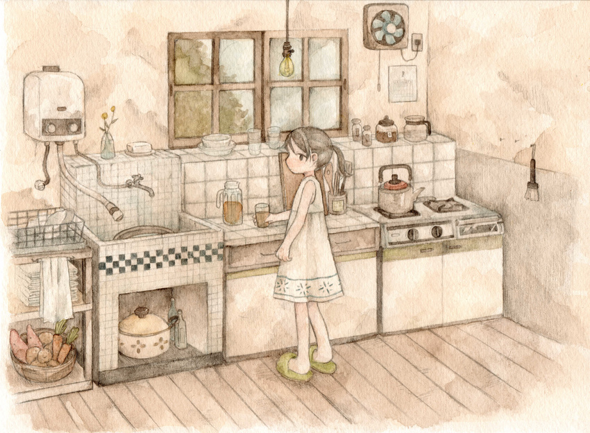 1girl brown_hair brush carrots chyoma dress flower glass holding kitchen original potatoes sink slippers solo standing tagme window