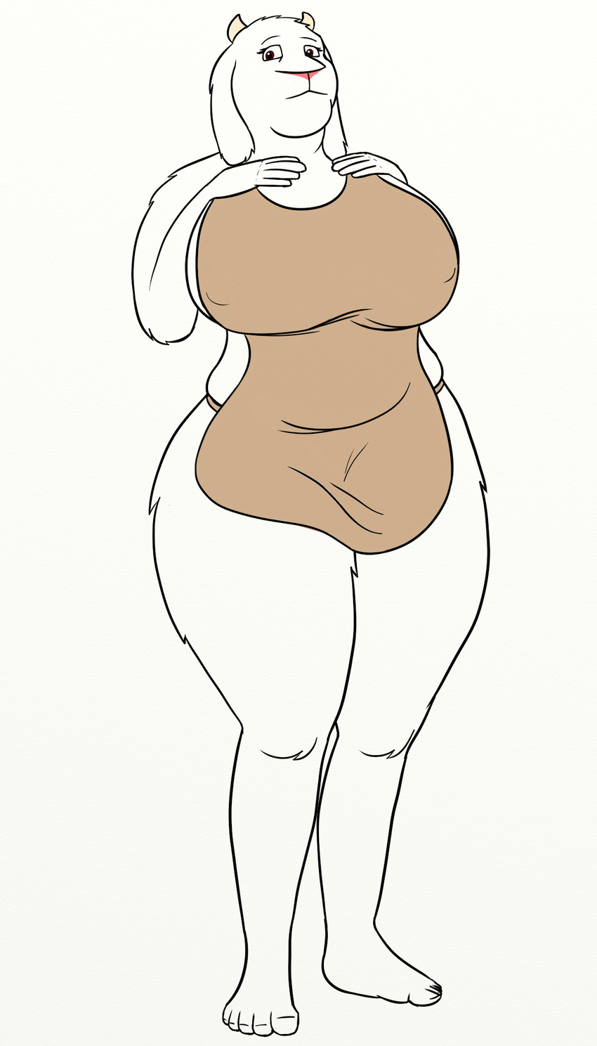 anthro apron big_breasts boss_monster breasts caprine clothing female fur goat mammal monster nipples oystercatcher7 red_eyes slightly_chubby solo toriel undertale video_games white_fur