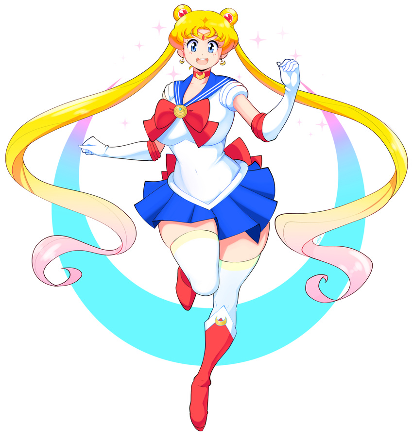 1girl bishoujo_senshi_sailor_moon blonde_hair blue_eyes breasts choker earrings gloves highres jewelry long_hair looking_at_viewer medium_breasts moon_earrings multicolored_hair navel pink_hair sailor_moon skindentation solo theycallhimcake thick_thighs thighhighs thighs tsukino_usagi twintails very_long_hair white_gloves white_legwear