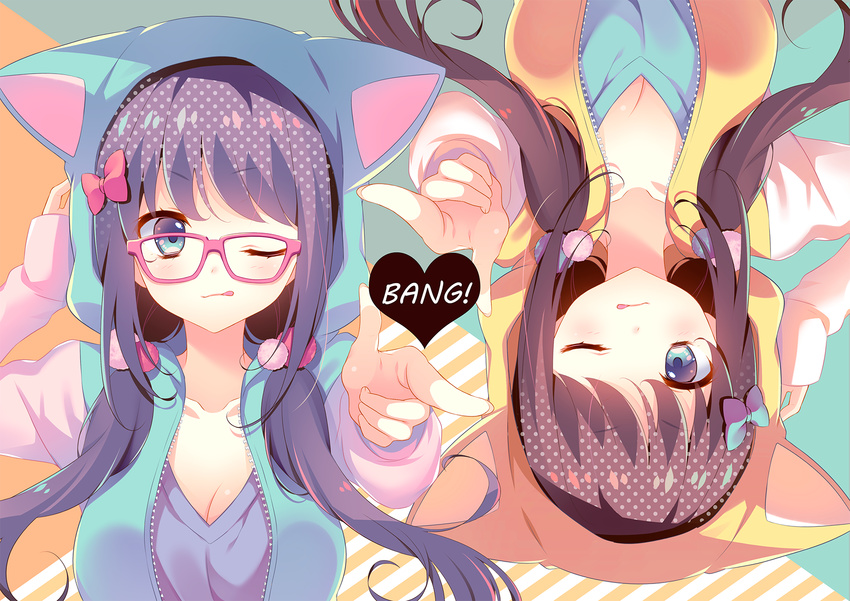 ;q animal_hood arm_up bangs blue_bow blue_eyes blush bow breasts brown_hair cat_hood cleavage closed_mouth collarbone double_exposure eyebrows_visible_through_hair glasses green_background green_sweater hair_bow heart highres hood hood_up hoodie large_breasts long_hair looking_at_viewer low_twintails multiple_girls one_eye_closed open_clothes open_hoodie orange_background original pastel_colors pink-framed_eyewear pink_bow pointing pointing_at_viewer polka_dot purple_hair rotational_symmetry striped striped_background sweater tongue tongue_out tougetsu_hajime twintails two-tone_background upper_body v-neck v-shaped_eyebrows yellow_sweater