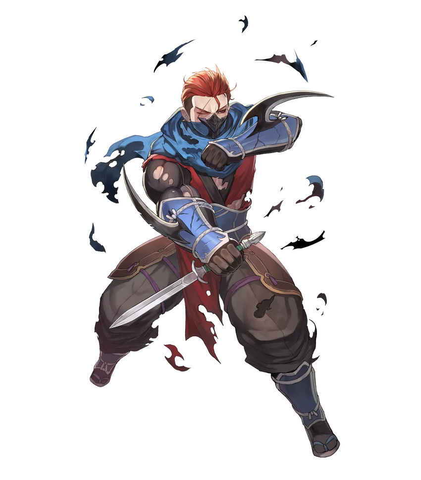 dagger fire_emblem fire_emblem_heroes fire_emblem_if full_body gloves highres lack male_focus mask official_art one_eye_closed red_eyes red_hair saizou_(fire_emblem_if) sandals scar scarf socks solo torn_clothes transparent_background weapon