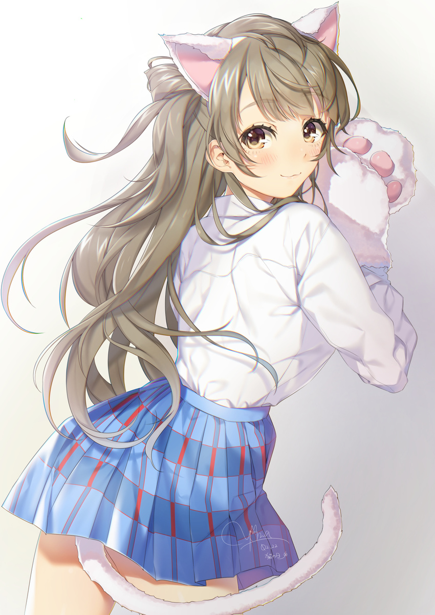 :3 animal_ears bangs blush brown_eyes cat_day cat_ears cat_tail closed_mouth commentary_request cowboy_shot from_behind gloves grey_hair highres long_hair long_sleeves looking_at_viewer looking_back love_live! love_live!_school_idol_project minami_kotori one_side_up otonokizaka_school_uniform paw_gloves paws plaid plaid_skirt school_uniform shirt signature skirt smile solo tail white_shirt yana_mori