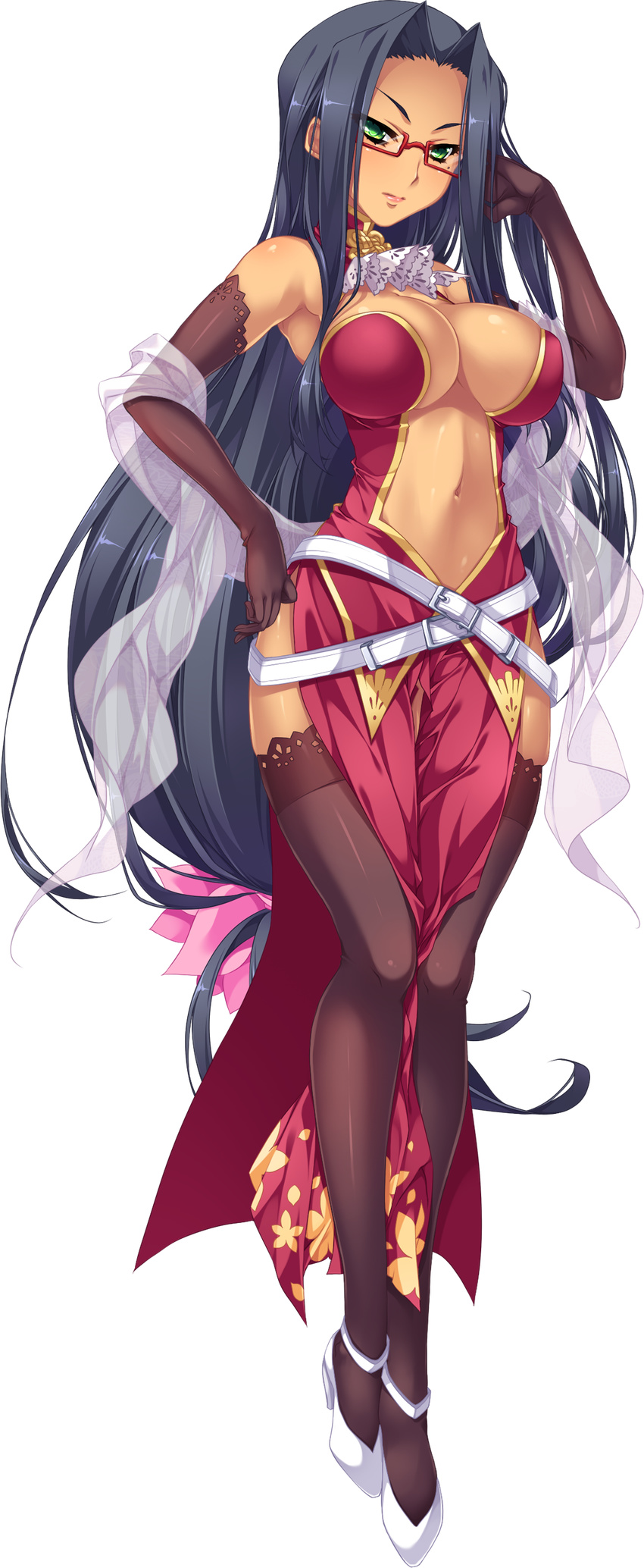 absurdres belt beltskirt between_legs black_hair breasts brown_gloves brown_legwear center_opening crossed_belts dress elbow_gloves full_body glasses gloves green_eyes hand_to_head high_heels highres katagiri_hinata koihime_musou large_breasts long_hair low-tied_long_hair mole mole_under_eye navel official_art pelvic_curtain pumps red-framed_eyewear semi-rimless_eyewear shuuyu solo thighhighs transparent_background very_long_hair