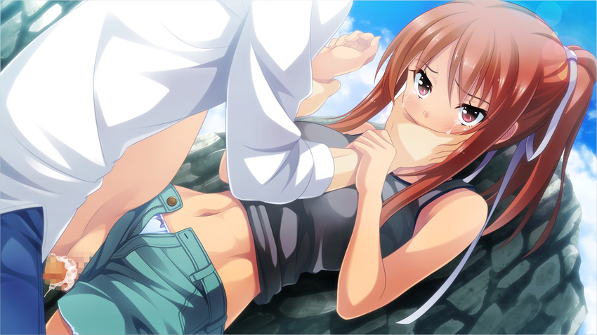 1boy 1girl arm_grab bare_shoulders blue_panties brown_eyes brown_hair censored crying crying_with_eyes_open cum cum_in_pussy game_cg guilty hair_ornament hair_ribbon hand_over_mouth hetero improvised_gag long_hair momose_maki mosaic_censoring navel outdoors panties panties_aside penis ponytail purple_ribbon pussy rape restrained ribbon sex shorts shorts_aside spread_legs tears tegome_ni_sareru_kyuunin_no_otome underwear vaginal wide-eyed