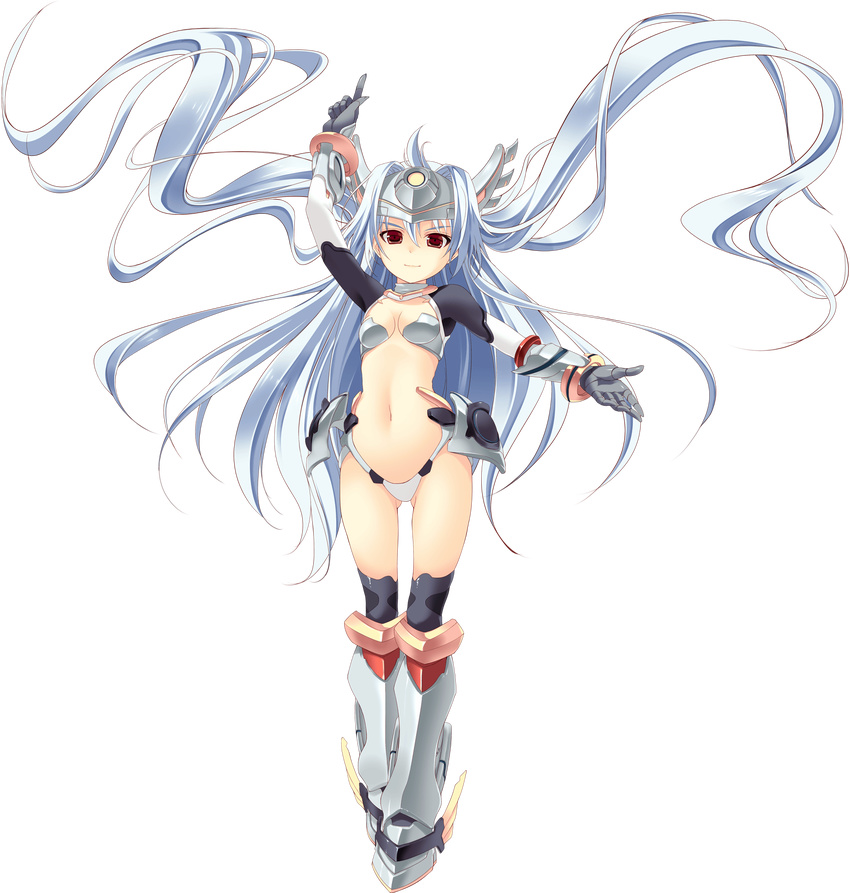 armor armored_boots boots breasts chobipero floating_hair full_body gloves headgear highres light_blue_hair long_hair navel red_eyes shin_shirogane_no_soleil_reanswer small_breasts smile sol_valkyrie solo transparent_background very_long_hair