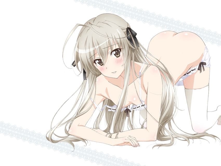 ahoge all_fours areolae ass black_ribbon bra breasts brown_eyes cleavage collarbone grey_hair hair_ribbon kasugano_sora lace lace-trimmed_panties long_hair looking_at_viewer panties panty_pull parted_lips ribbon shiny shiny_skin simple_background small_breasts solo thighhighs underwear very_long_hair white_background white_bra white_legwear white_panties yosuga_no_sora