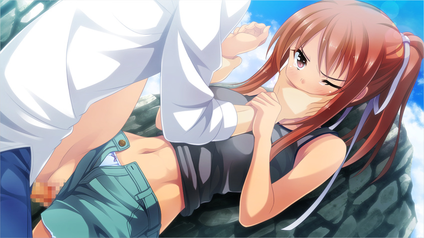 1boy 1girl angry arm_grab bare_shoulders blue_panties brown_eyes brown_hair censored crying game_cg guilty hair_ornament hair_ribbon hand_over_mouth hetero highres improvised_gag long_hair momose_maki mosaic_censoring navel one_eye_closed outdoors panties panties_aside penis ponytail purple_ribbon pussy rape restrained ribbon sex shorts shorts_aside spread_legs tears tegome_ni_sareru_kyuunin_no_otome underwear vaginal wink