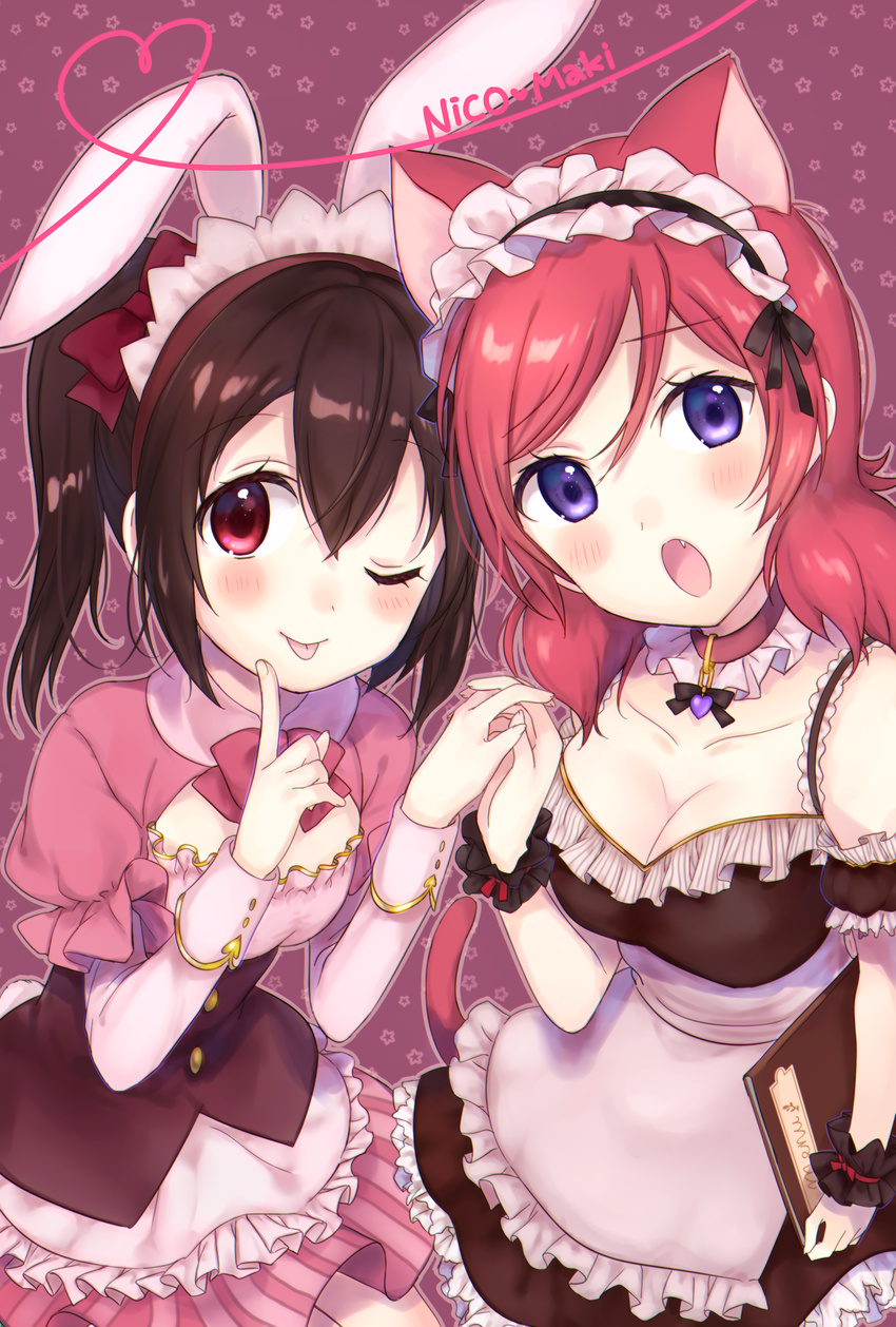 :o ;p absurdres animal_ears apron arm_at_side bangs black_dress black_ribbon blush bow bowtie breasts bunny_ears cat_ears cleavage closed_mouth cowboy_shot detached_sleeves dress eyebrows_visible_through_hair fang finger_to_cheek fingernails flat_chest frilled_apron frills hair_between_eyes hair_bow hairband head_tilt heart heart_of_string highres holding holding_hands interlocked_fingers kakizato kemonomimi_mode long_sleeves looking_at_viewer love_live! love_live!_school_idol_project maid_headdress medium_breasts menu multiple_girls nishikino_maki one_eye_closed open_mouth outline pink_bow pink_dress pink_neckwear puffy_short_sleeves puffy_sleeves purple_eyes red_bow red_hair ribbon short_dress short_over_long_sleeves short_sleeves sidelocks star starry_background striped tongue tongue_out twintails underbust vertical_stripes waist_apron white_apron wrist_cuffs yazawa_nico