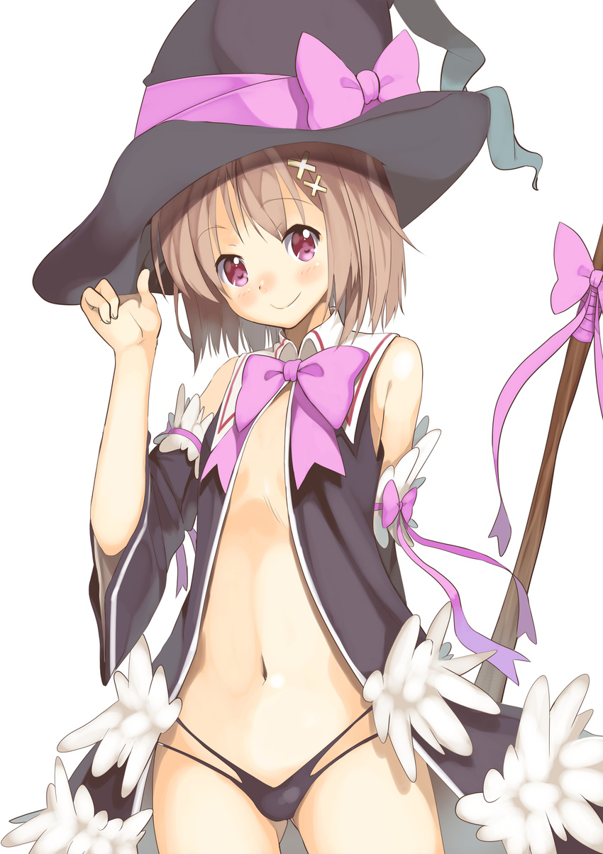 absurdres ass_visible_through_thighs bangs black_panties blush bow brown_hair closed_mouth commentary_request cowboy_shot detached_sleeves eyebrows_visible_through_hair flat_chest hair_ornament hand_on_headwear hand_up hat highres looking_at_viewer maechuu navel original panties purple_bow purple_eyes purple_ribbon revealing_clothes ribbon robe short_hair simple_background smile solo staff tareme underwear white_background wide_sleeves witch witch_hat x_hair_ornament