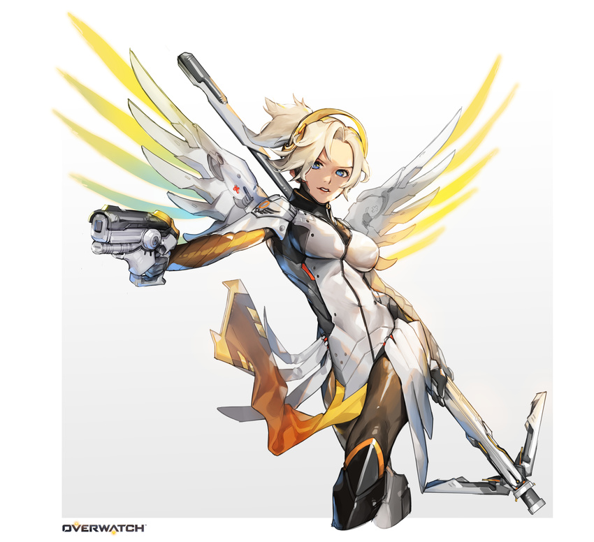 black_footwear black_gloves blonde_hair blue_eyes bodysuit boots breastplate breasts brown_legwear copyright_name cowboy_shot cropped_legs crossed_legs eyelashes faulds finger_on_trigger gloves glowing glowing_wings greaves gun handgun headgear high_ponytail highres holding holding_gun holding_staff holding_weapon honey_bee_(bancoth) knee_boots knee_pads legs_together loincloth long_sleeves looking_at_viewer mechanical_halo mechanical_wings medium_breasts mercy_(overwatch) overwatch pantyhose parted_lips pelvic_curtain pistol ponytail short_ponytail skin_tight solo spread_wings staff teeth weapon weapon_on_back wing_print wings yellow_wings
