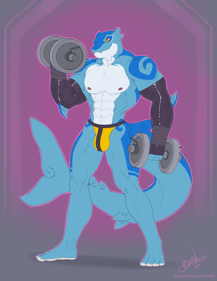 anthro bandage bonk bulge cirrus_(xp) clothing exercise fish looking_at_viewer male marine muscular rubber shark smile solo standing underwear weightlifting workout