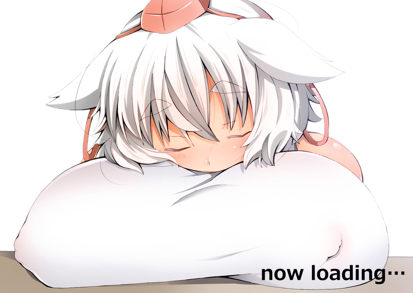 animal_ears bare_shoulders breast_pillow breast_rest breasts closed_eyes commentary_request covered_nipples hat huge_breasts inubashiri_momiji loading_screen shirt shishi_juuroku sleeping sleeveless sleeveless_shirt solo thick_eyebrows tokin_hat touhou white_hair wolf_ears