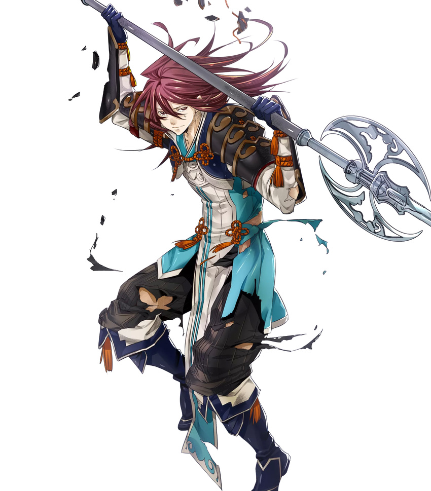boots fire_emblem fire_emblem_heroes fire_emblem_if full_body gloves highres long_hair male_focus official_art polearm red_eyes red_hair solo spear torn_clothes transparent_background tsubaki_(fire_emblem_if) weapon yura_(ub4u)