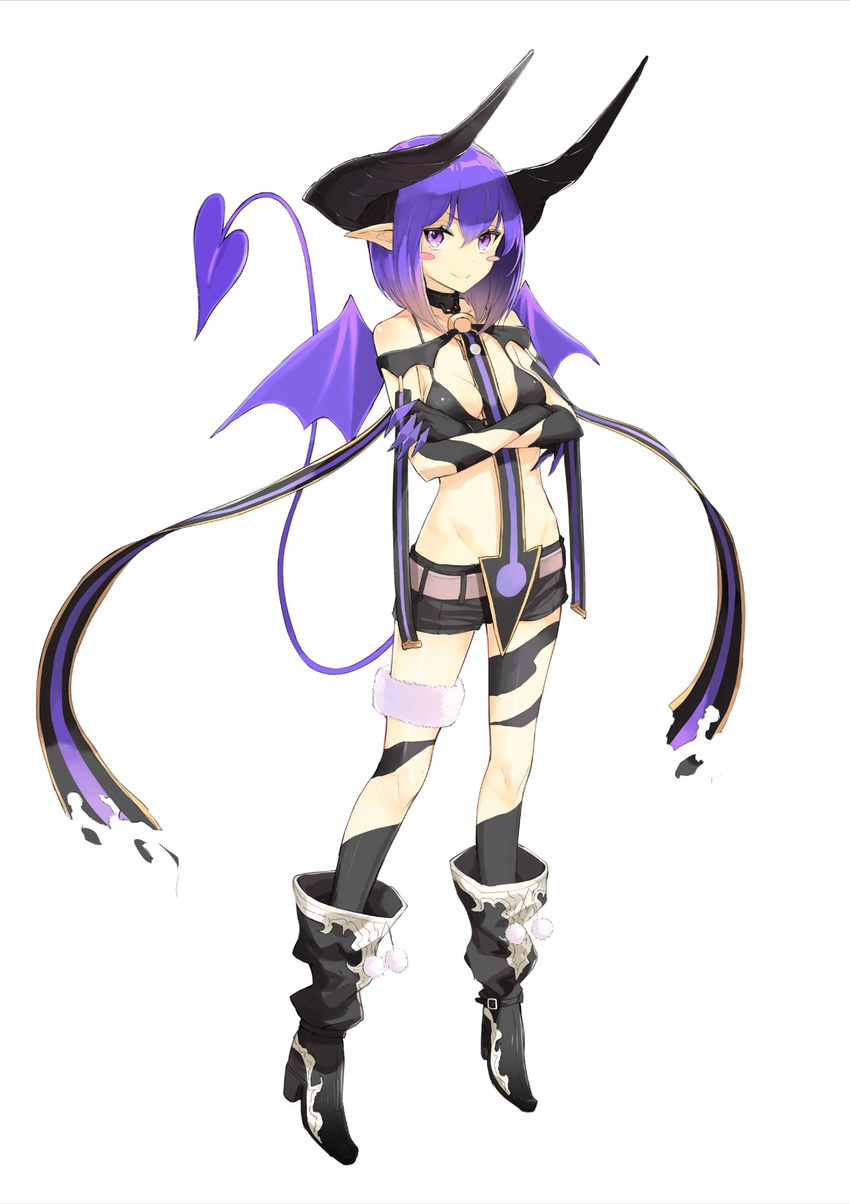 bad_id bad_pixiv_id blush boots demon_girl demon_horns demon_tail demon_wings full_body gloves highres horns miruto_netsuki pointy_ears purple_eyes purple_hair solo tail wings
