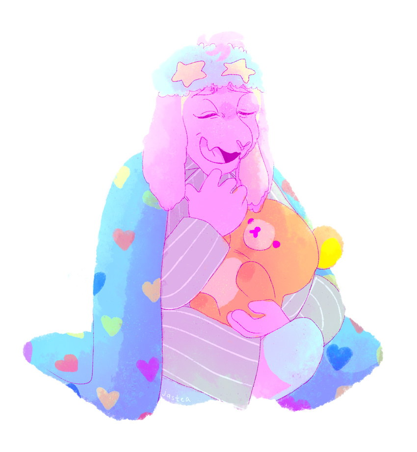 &lt;3 anthro asriel_dreemurr bedding blanket boss_monster caprine eyes_closed fangs fur goat jastea long_ears mammal pajama simple_background star stripes teddybear undertale video_games white_background white_fur