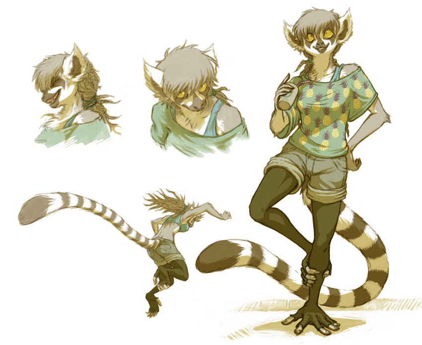 clothed clothing ears_up facial_markings hair holding_object jumping lemur looking_at_viewer mammal markings on_one_leg ponytail prehensile_feet primate riftryu ring-tailed_lemur ringed_tail shorts simple_background solo standing white_background yellow_eyes
