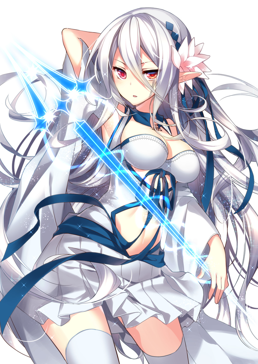 arm_behind_head arm_up armpits bad_id bad_pixiv_id blue_ribbon breasts cleavage commentary_request cowboy_shot detached_sleeves dress flower hair_between_eyes hair_flower hair_ornament heterochromia highres homaderi long_hair long_sleeves looking_at_viewer medium_breasts orange_eyes ortlinde=nblg=valkyria parted_lips pointy_ears red_eyes ribbon silver_hair solo sound_voltex thighhighs very_long_hair white_dress white_legwear wide_sleeves