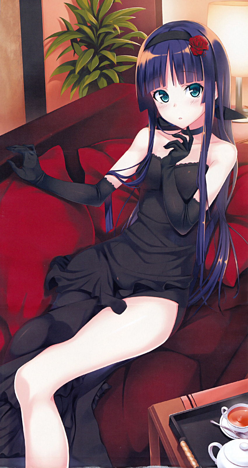 bangs bare_shoulders black_dress black_gloves blue_eyes blue_hair blunt_bangs blush bow choker dress elbow_gloves flower gin_(ginshari) gloves hair_bow hair_flower hair_ornament hairband hand_to_own_mouth highres joshi_mote_na_imouto_to_junan_na_ore long_hair lying mitsurogi_rinze official_art parted_lips scan side_slit sidelocks solo strapless strapless_dress tea tray