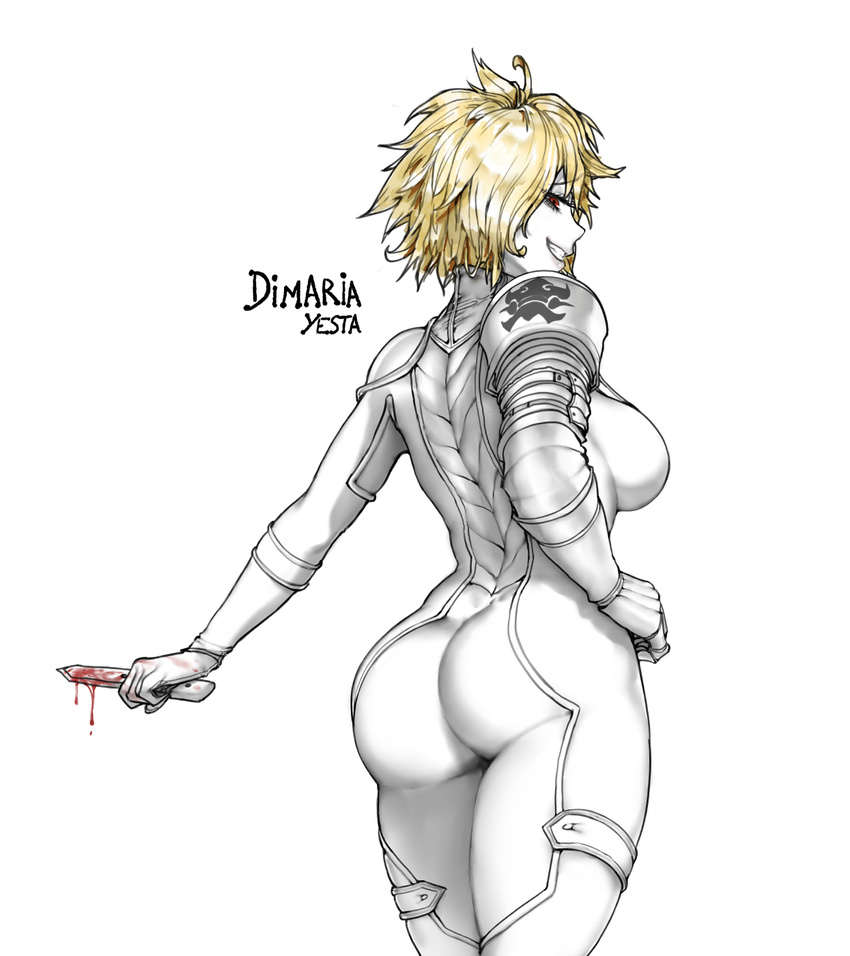 armor artist_name ass back bangs blonde_hair blood bloody_weapon bodysuit breasts character_name cowboy_shot dimaria_yesta dripping eyebrows_visible_through_hair eyelashes fairy_tail from_behind gloves grin hand_on_hip highres holding holding_knife holding_weapon knife looking_at_viewer looking_back medium_breasts pale_skin pauldrons profile red_eyes revision short_hair simple_background skin_tight smile solo strap_gap the_golden_smurf thighs weapon white_background white_bodysuit white_gloves