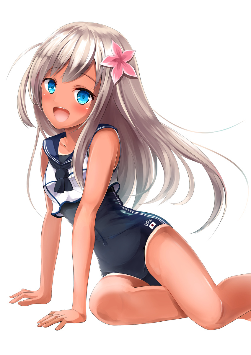 absurdres blonde_hair blue_eyes crop_top flower hair_flower hair_ornament highres kantai_collection kuroganeruto long_hair looking_at_viewer one-piece_tan open_mouth ro-500_(kantai_collection) school_swimsuit simple_background solo swimsuit swimsuit_under_clothes tan tanline white_background