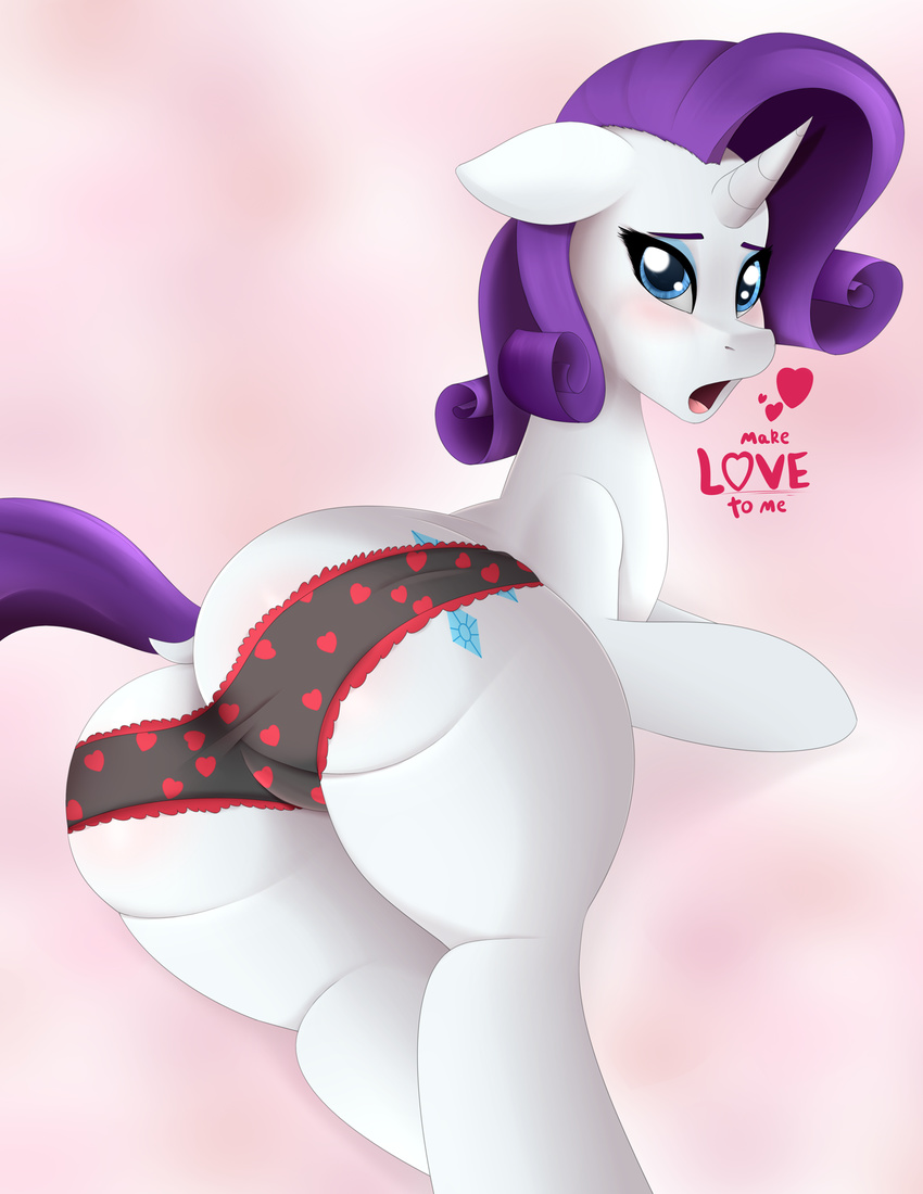 &lt;3 2017 big_butt blue_eyes blush booponies butt clothing cute cutie_mark dialogue dock equine eyelashes female feral friendship_is_magic fur hair horn horse long_hair looking_at_viewer looking_back lying mammal my_little_pony open_mouth pony purple_hair purple_tail rarity_(mlp) solo text textured_clothing tongue underwear unicorn white_fur wide_hips