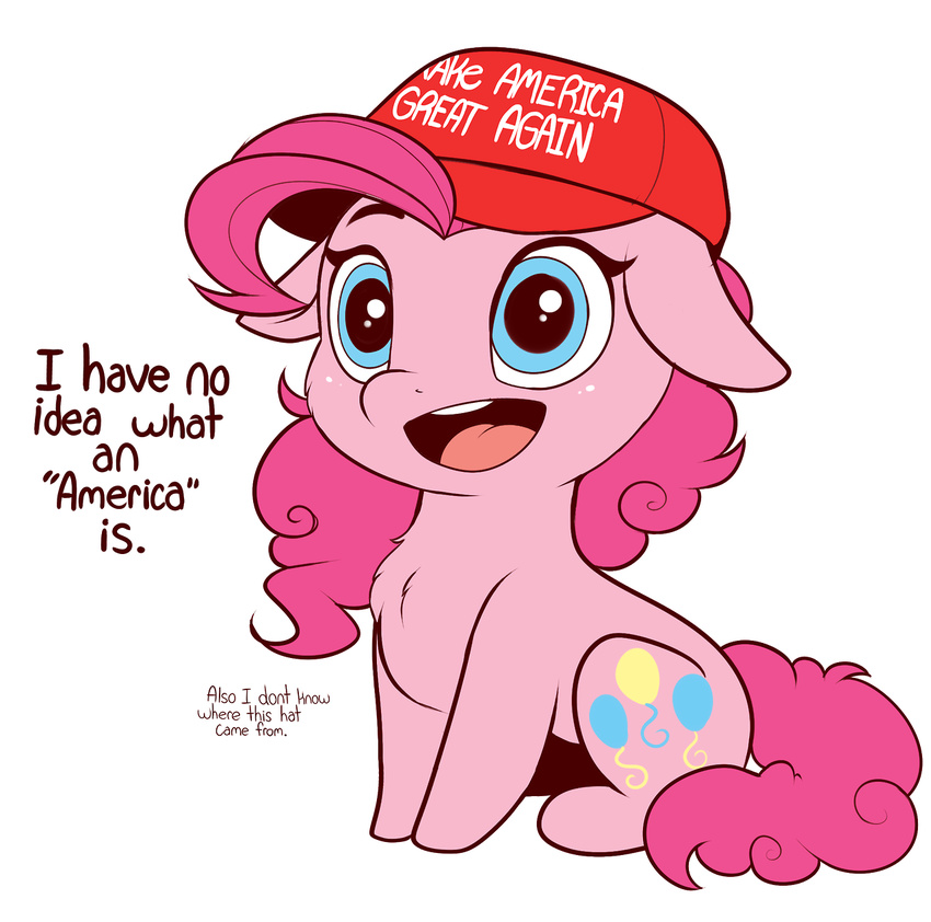 2017 blue_eyes chest_tuft cutie_mark english_text equine evehly female feral friendship_is_magic fur hair hat looking_at_viewer make_america_great_again mammal my_little_pony open_mouth pink_fur pink_hair pink_tail pinkie_pie_(mlp) politics solo teeth text tongue tuft